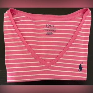 Polo by Ralph Lauren Pink and White Striped V-Neck Tee